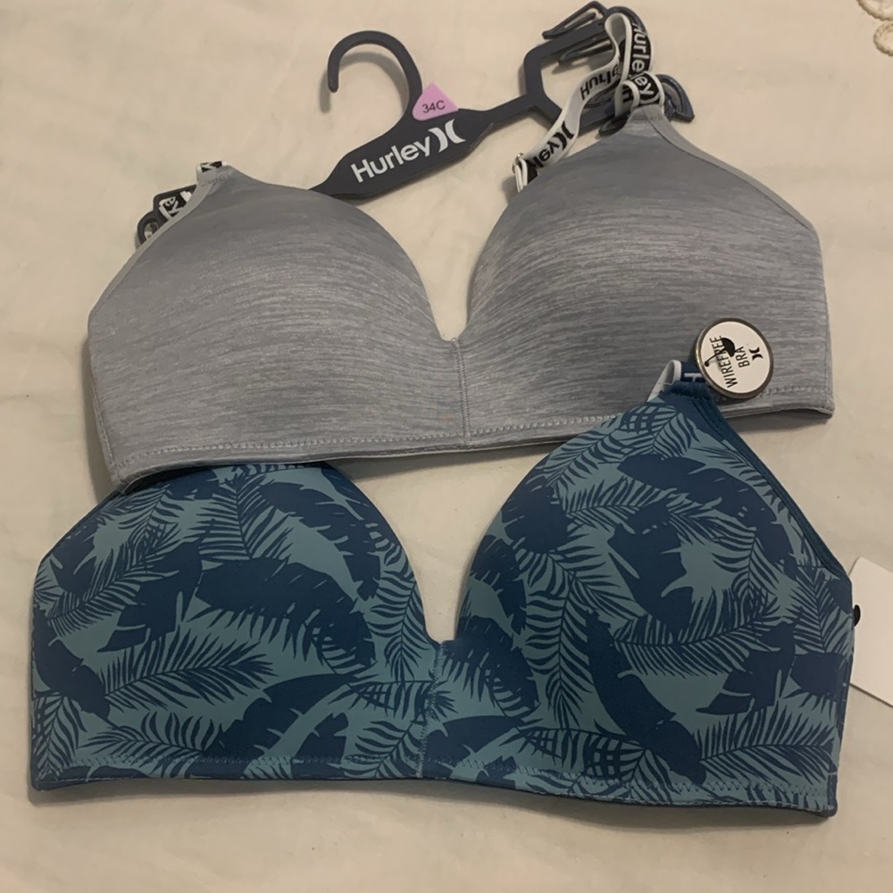 NWT  Hurley 2 Piece Grey & Teal Green Tropical Leaves, Size 34C. Soft Hook/Eye